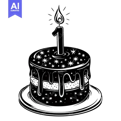 Aset desain premium: Black and White Illustration of a Birthday Cake with a Number One Cand