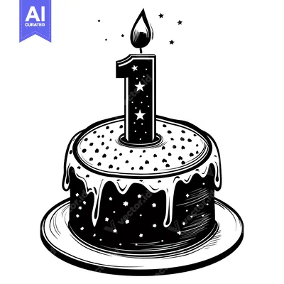 Aset premium populer: Black and White Illustration of a Birthday Cake with a Single Lit Cand