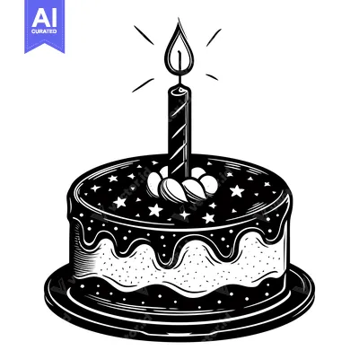 Popular premium asset: Black and White Illustration of a Birthday Cake with a Single Candle