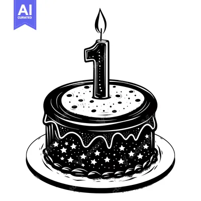 Aset desain premium: Black and White Illustration of a Birthday Cake with a Single Lit Cand