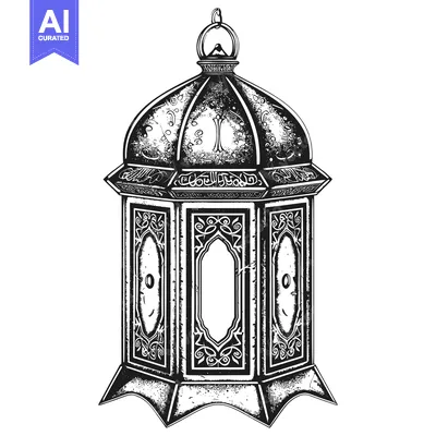 Aset desain premium: Ornate Black and White Ramadan Lantern Illustration