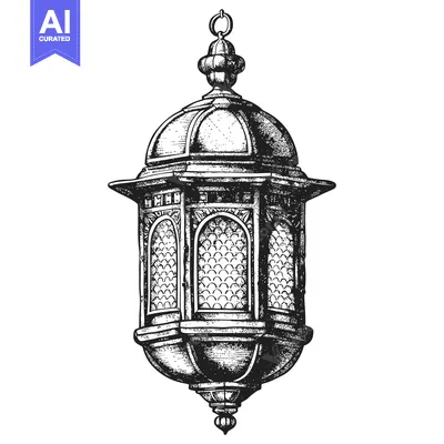 Aset premium populer: A Hand-Drawn Black and White Illustration of an Ornate Lantern
