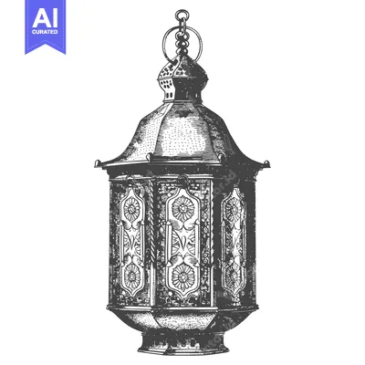 Premium design asset: Ornate, detailed, black and white illustration of a hanging lantern.