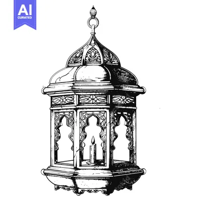 Aset desain premium: Ornate Black and White Lantern with a Candle Inside