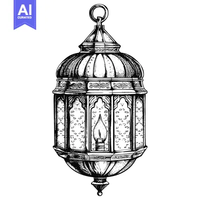 Premium design asset: Ornate Hand-Drawn Black and White Lantern with a Flame