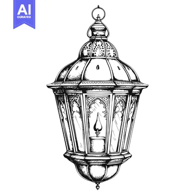 Premium design asset: Ornate Hand-Drawn Sketch of a Hanging Lantern with a Single Flame