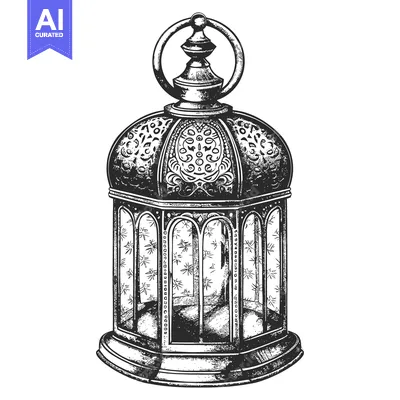 Aset desain premium: Ornate Black and White Hand-Drawn Lantern with Geometric Patterns