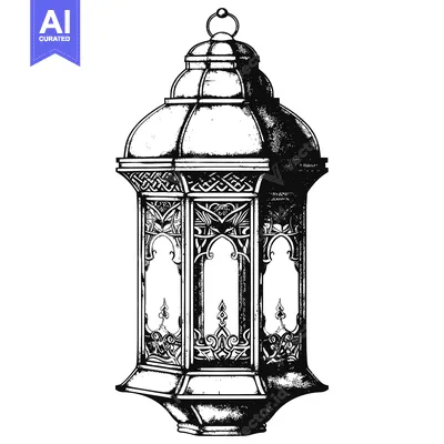 Aset desain premium: Ornate Black and White Illustration of an Islamic Lantern