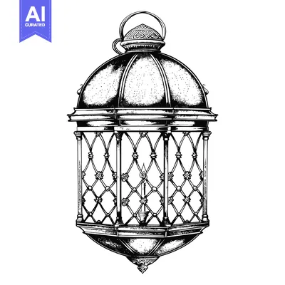 Aset desain premium: Ornate Black and White Hand-Drawn Lantern with a Single Candle Inside
