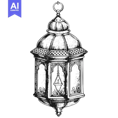 Aset desain premium: Ornate Black and White Hand-Drawn Lantern Illustration