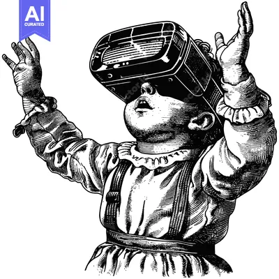 Aset desain premium: A Young Child Wearing a Virtual Reality Headset Looks Up in Wonder