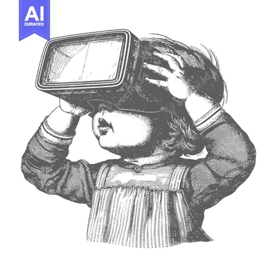 Aset premium populer: A Young Girl Wearing a Vintage-Style Virtual Reality Headset