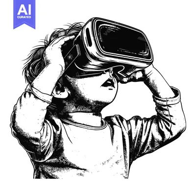 A Child Wearing a Virtual Reality Headset, Black and White Illustratio