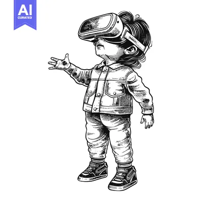 Aset desain premium: A child wearing a VR headset, looking up and reaching out with one han