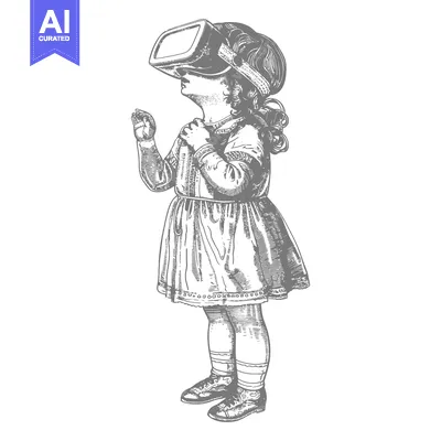 Aset desain premium: A young girl wearing a virtual reality headset and a dress