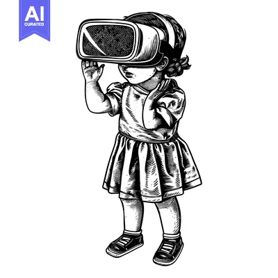 Aset desain premium: A Young Girl Experiencing Virtual Reality Wearing a VR Headset
