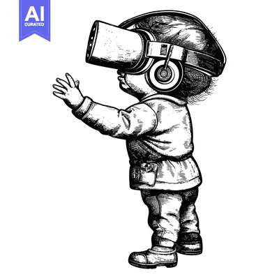 Aset premium populer: A young child wearing a virtual reality headset and looking up.