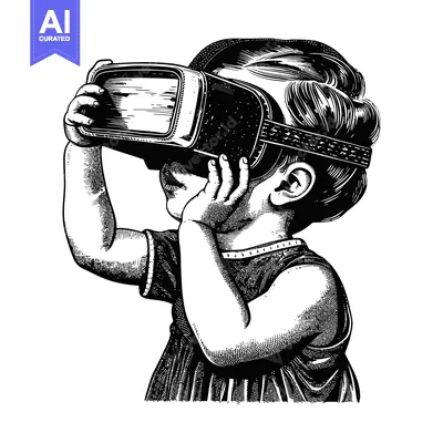 Premium design asset: Young girl wearing a virtual reality headset, looking up and to the le