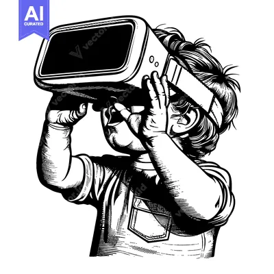Young Boy Wearing Virtual Reality Headset, Black and White Illustratio