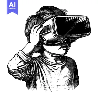 Black and white illustration of a young person wearing virtual reality