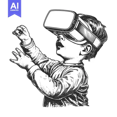 Aset premium populer: Child wearing VR headset with outstretched hand reaching toward the vi