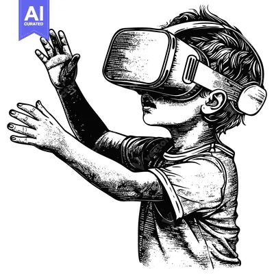 Aset premium populer: Black and White Illustration of a Child Wearing Virtual Reality Headse