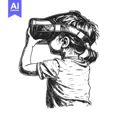 A young girl wearing a VR headset, looking up.