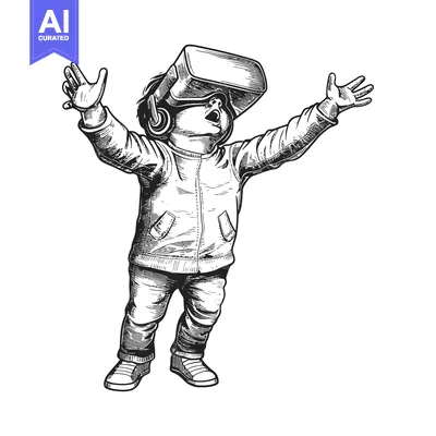 Aset desain premium: A child wearing a VR headset with arms outstretched in amazement