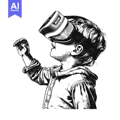 Aset premium populer: Black and White Illustration of a Child Wearing a VR Headset