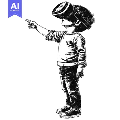 A Young Boy Wearing a VR Headset and Pointing Upward