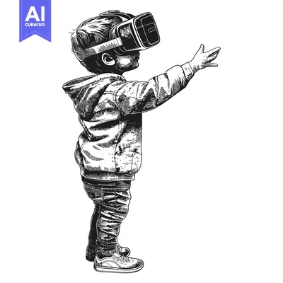 Aset premium populer: A Boy Wearing a Virtual Reality Headset Reaches Out with His Hand