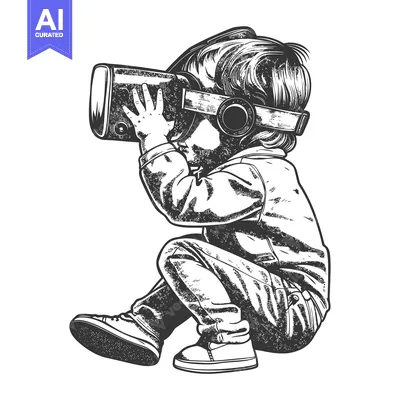 Aset desain premium: A Young Boy Immersed in Virtual Reality with a VR Headset