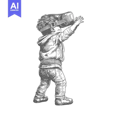 Aset desain premium: A Hand-Drawn Illustration of a Young Child Wearing a VR Headset