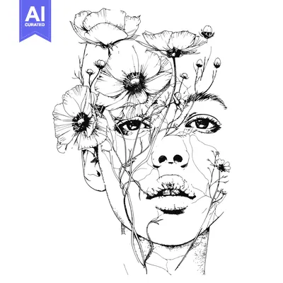 Aset premium populer: Woman's Face Emerging from Flowers in Black and White Line Art