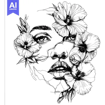 Premium design asset: Black and White Illustration of a Woman's Face with Hibiscus Flowers