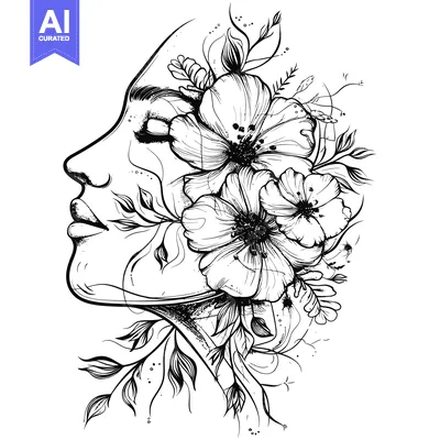 Popular premium asset: Black and White Line Art Illustration of a Woman's Face with Flowers G