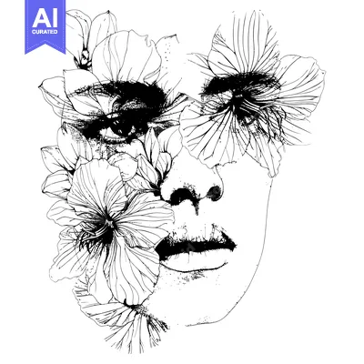 Aset premium populer: Woman's Face Partially Covered by Flowers in Black and White Line Art