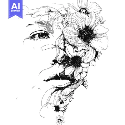 Popular premium asset: A Woman's Face Partially Covered by Flowers in Black and White Line Ar
