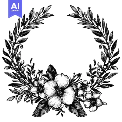 Aset premium populer: Black and White Floral Wreath with Delicate Flowers