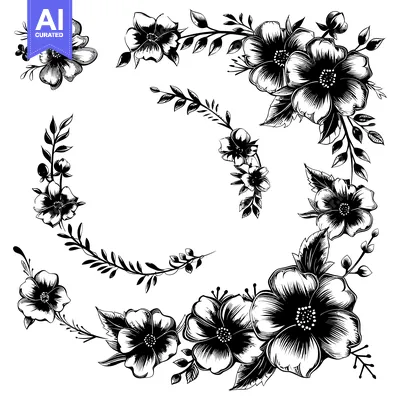 Premium design asset: Black and White Floral Design with Detailed Flowers and Leaves