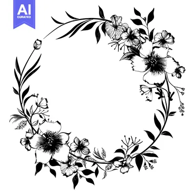 Aset premium populer: Black and White Floral Wreath with Large Flowers and Leaves