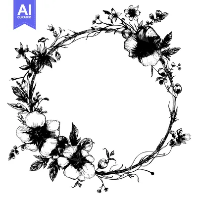 Premium design asset: Black and White Floral Wreath with Empty Center