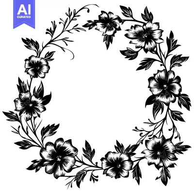 Aset desain premium: Black and White Floral Wreath with Circular Opening