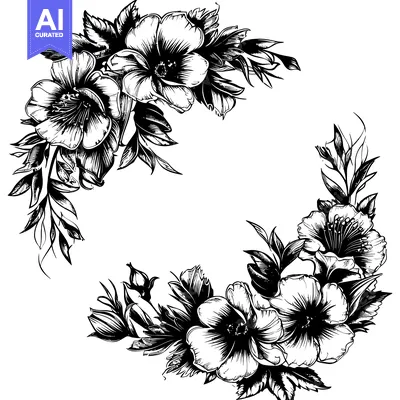 Premium design asset: Black and White Floral Frame with Detailed Flowers and Leaves