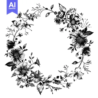 Popular premium asset: Black and White Floral Wreath with Delicate Flowers and Leaves