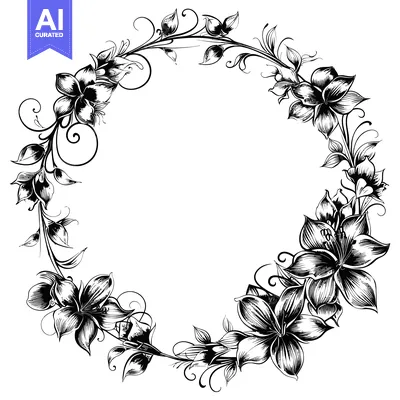 Aset desain premium: Black and White Floral Wreath with Detailed Flowers and Vines