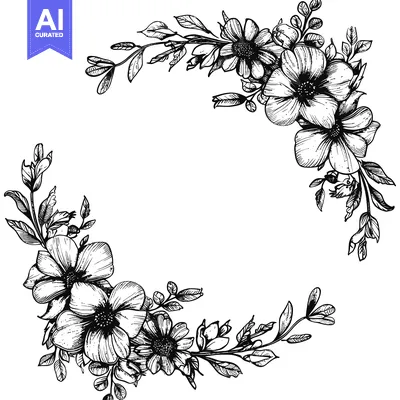 Premium design asset: Black and White Floral Corner Design with Detailed Leaves and Flowers