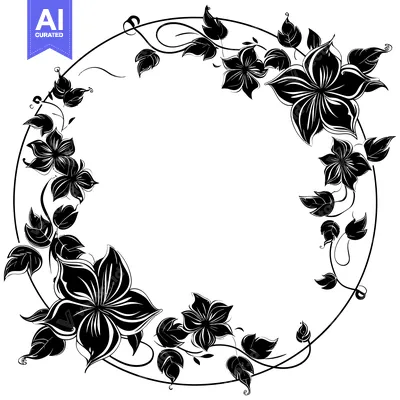 Aset desain premium: Black and White Floral Wreath with Circular Frame