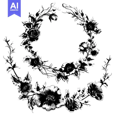 Premium design asset: Black and White Floral Wreath with Roses and Buds