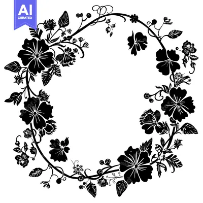 Aset desain premium: Black and white silhouette of a floral wreath